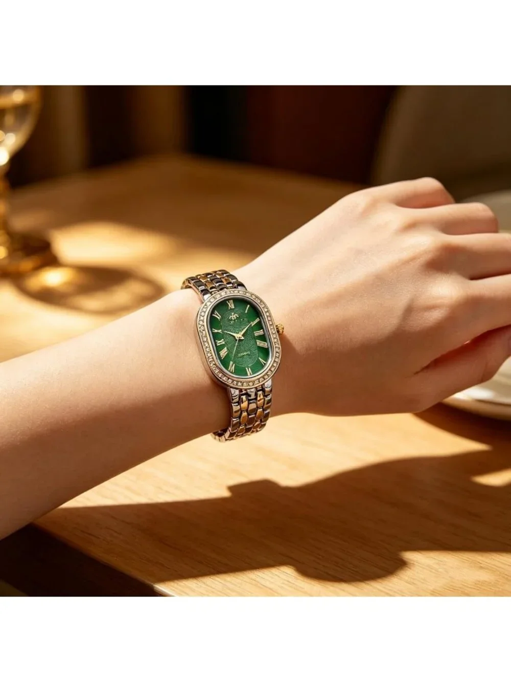 Women's Duotone Green Oval Rhinestones Case Adjustable Stainless Steel Watch